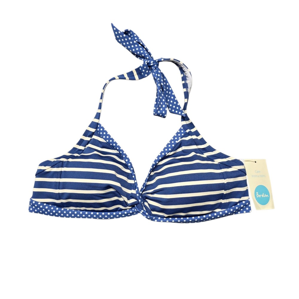 Boden Blue White Stripe Dot Halter Bikini Top Swimwear Adjustable Tie Size US 12